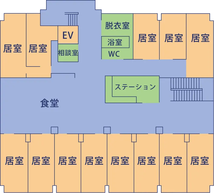 居室 居室 EV 相談室 脱衣室 浴室  WC 居室 居室 居室 食堂 ステーション 居室 居室 居室 居室 居室 居室 居室 居室