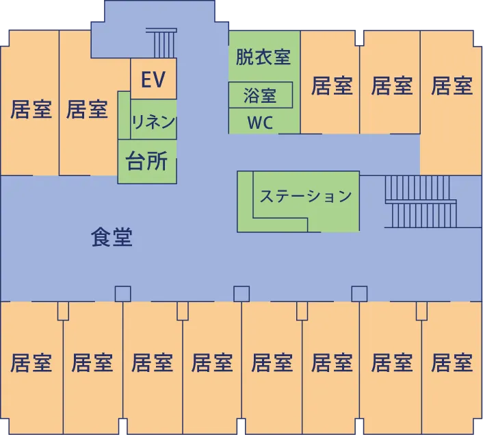 居室 居室 EV リネン 台所 相談室 脱衣室 WC 居室 居室 居室 食堂 ステーション 居室 居室 居室 居室 居室 居室 居室 居室